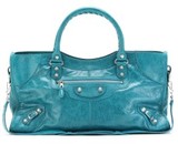 Dark turquoise vintage crafted leather tote with buckle and st...