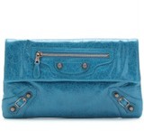 Turquoise vintage crafted leather fold-over clutch with buckle...